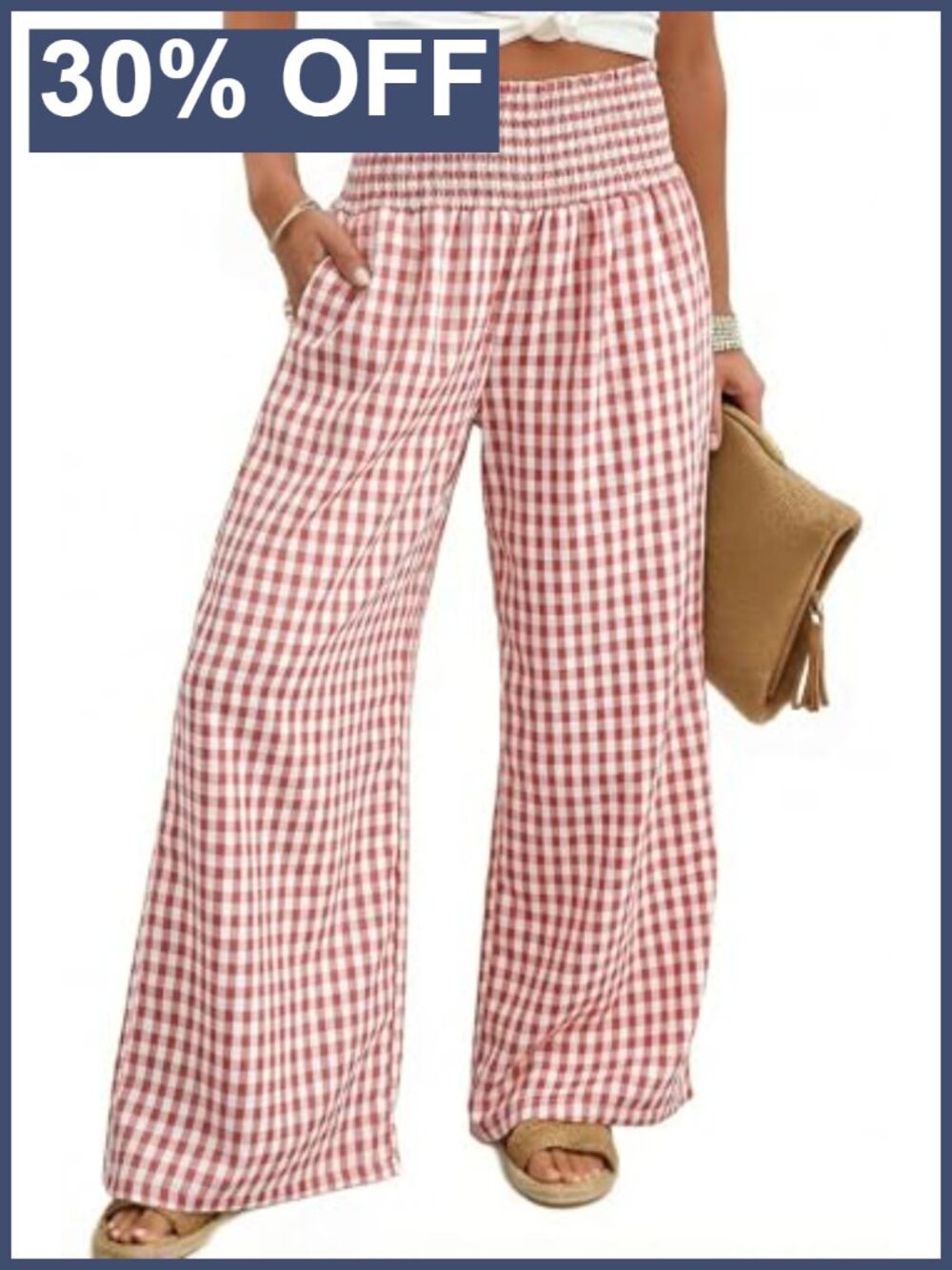Dokotoo Womens Palazzo Pants High Rise Wide Leg Pull On Gingham Smocked Casual